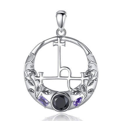 Sterling silver Lilith Sigil Wiccan necklace pendant with black and purple gemstones, intricate floral details.