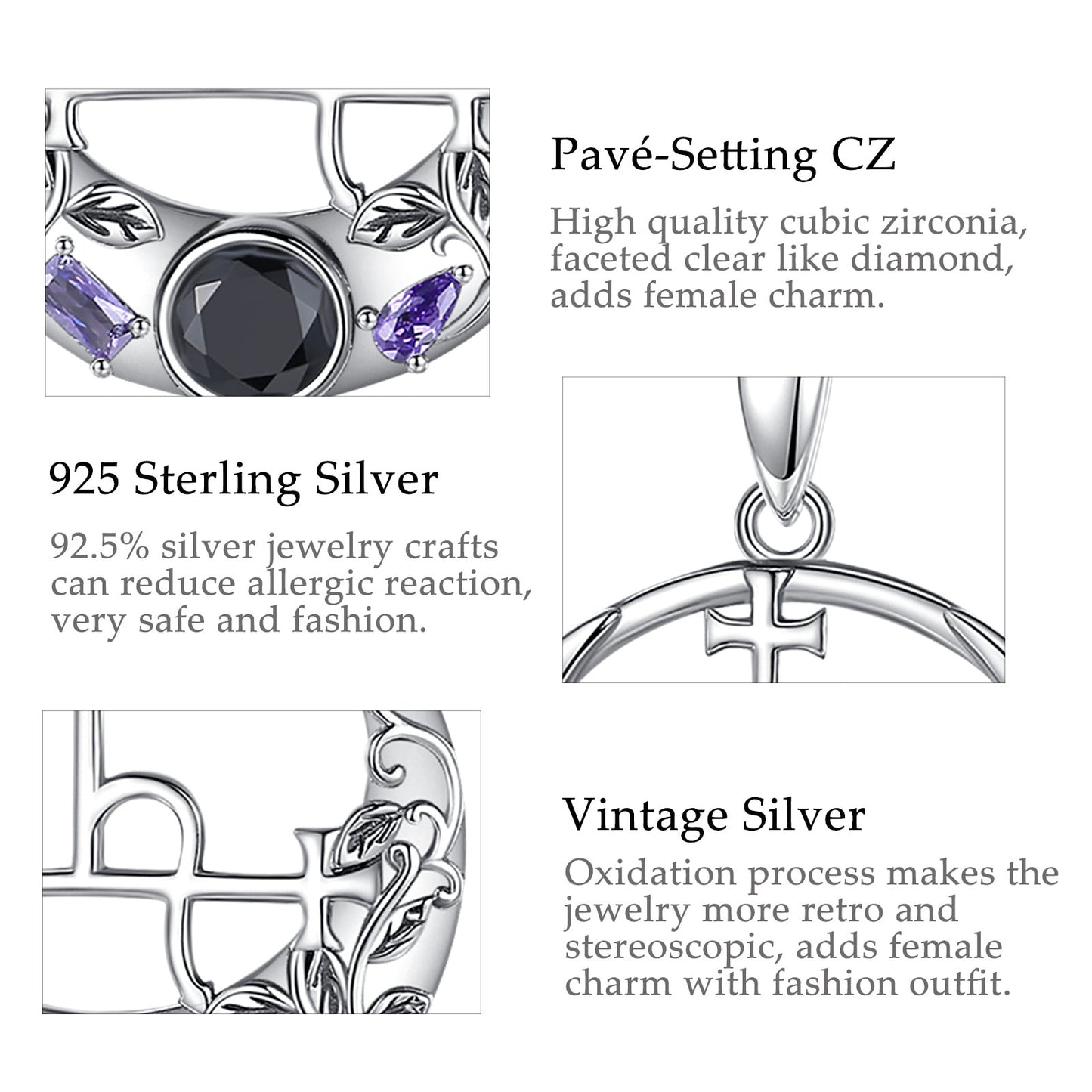 Sterling silver Lilith Sigil necklace with black and purple cubic zirconia, vintage finish, and intricate leaf details.