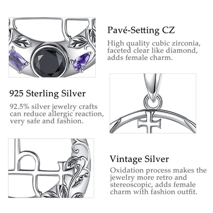 Sterling silver Lilith Sigil necklace with black and purple cubic zirconia, vintage finish, and intricate leaf details.