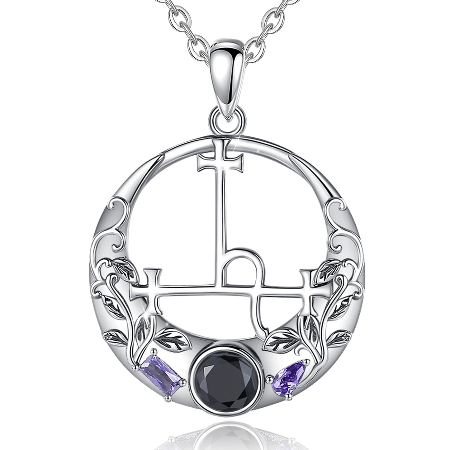 Sterling silver Lilith Sigil Wiccan necklace with a round pendant, black gemstone, and two purple accent stones.