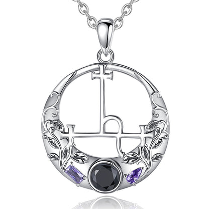 Sterling silver Lilith Sigil Wiccan necklace with a round pendant, black gemstone, and two purple accent stones.