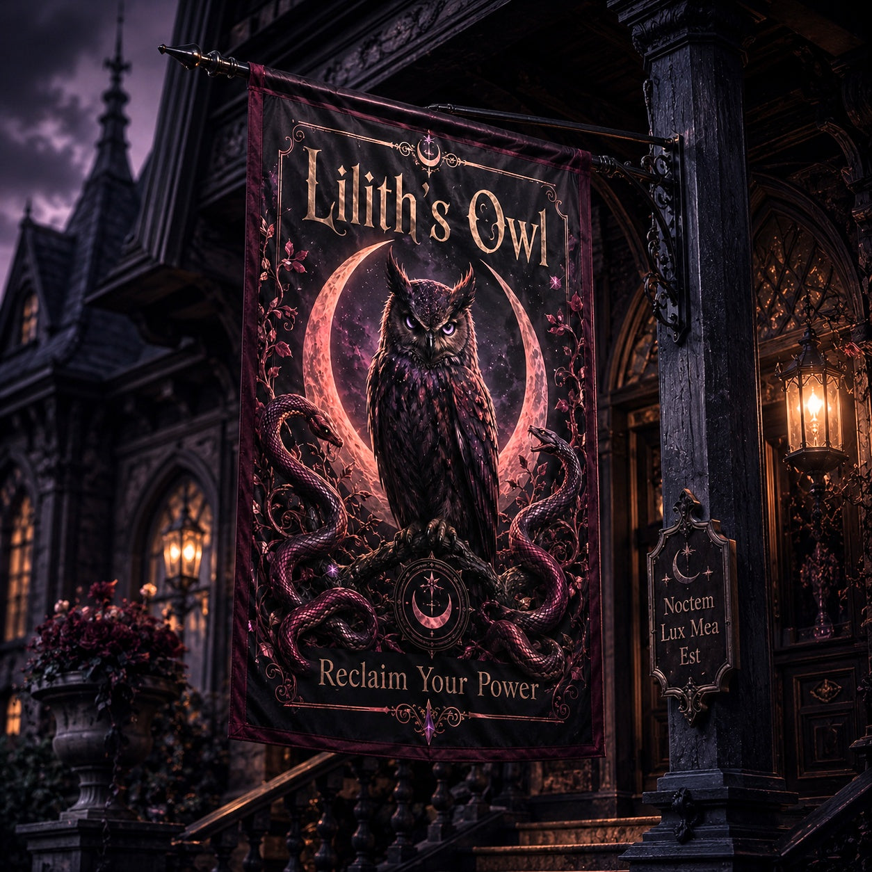 Close-up of Liliths Owl house flag showing owl and serpent artwork
