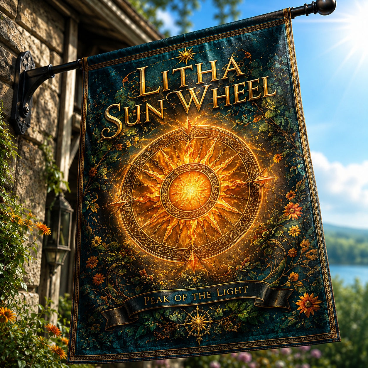 Litha Sun Wheel house flag displayed outdoors on a garden flag stand