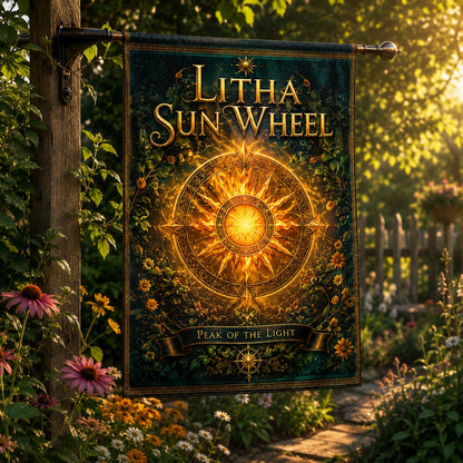 Close-up of Litha Sun Wheel house flag showing sun wheel artwork