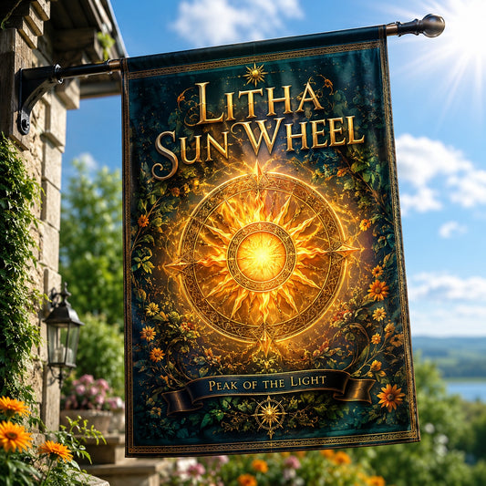 Litha Sun Wheel house flag with Peak of the Light summer solstice design