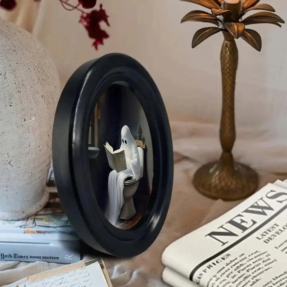 Little Ghost Sitting on the Toilet Wooden Oval Frame - Gothic Oval Wall Art - Halloween Wall Decoration-MoonChildWorld