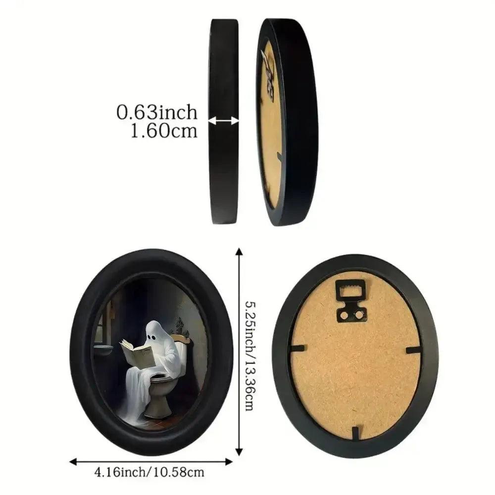Little Ghost Sitting on the Toilet Wooden Oval Frame - Gothic Oval Wall Art - Halloween Wall Decoration-MoonChildWorld