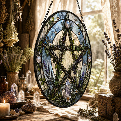 Living Branch Pentacle Glass Suncatcher - hanging view