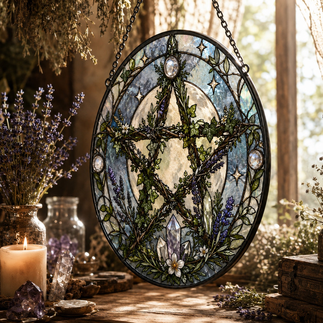 Living Branch Pentacle Glass Suncatcher - close up detail