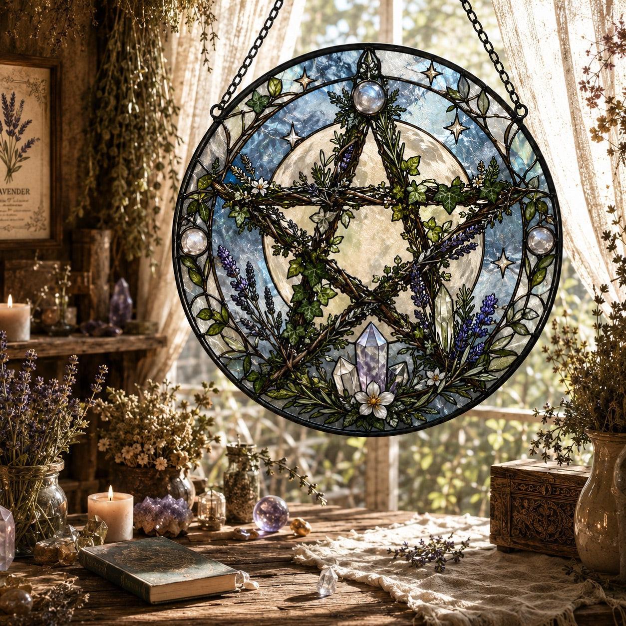 Living Branch Pentacle Glass Suncatcher - sunlight glow