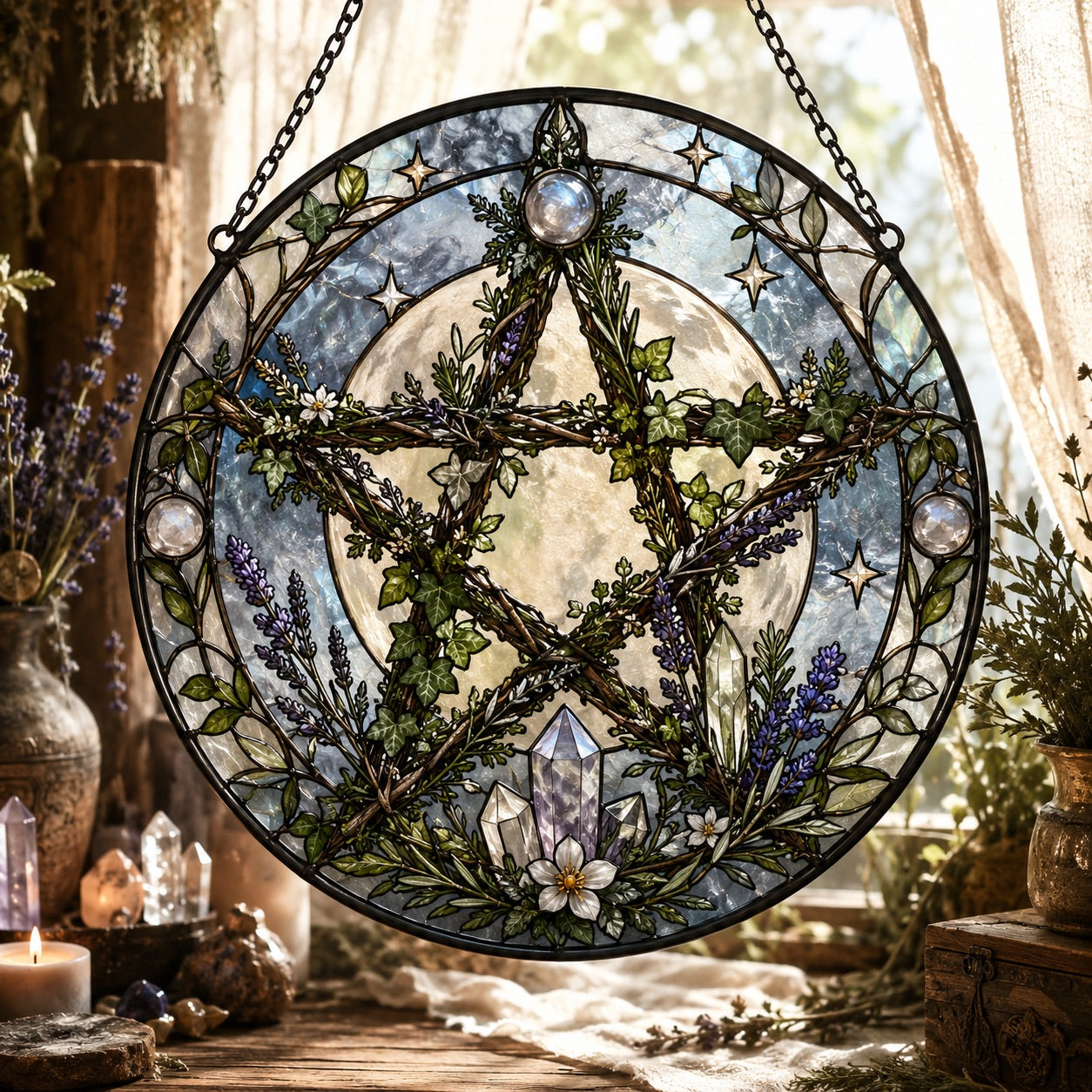 Living Branch Pentacle Glass Suncatcher - window display