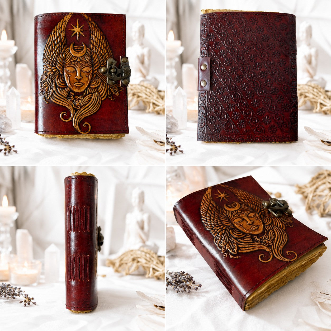 Lord Shiva Leather Journal – Vintage Handmade Pagan Grimoire with Brass Lock – leather journal, close-up cover detail