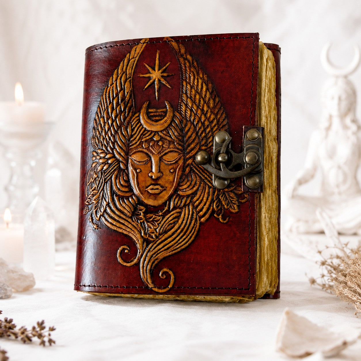 Lord Shiva Leather Journal – Vintage Handmade Pagan Grimoire with Brass Lock – leather journal, front cover view