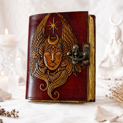 Lord Shiva Leather Journal – Vintage Handmade Pagan Grimoire with Brass Lock – leather journal, front cover view