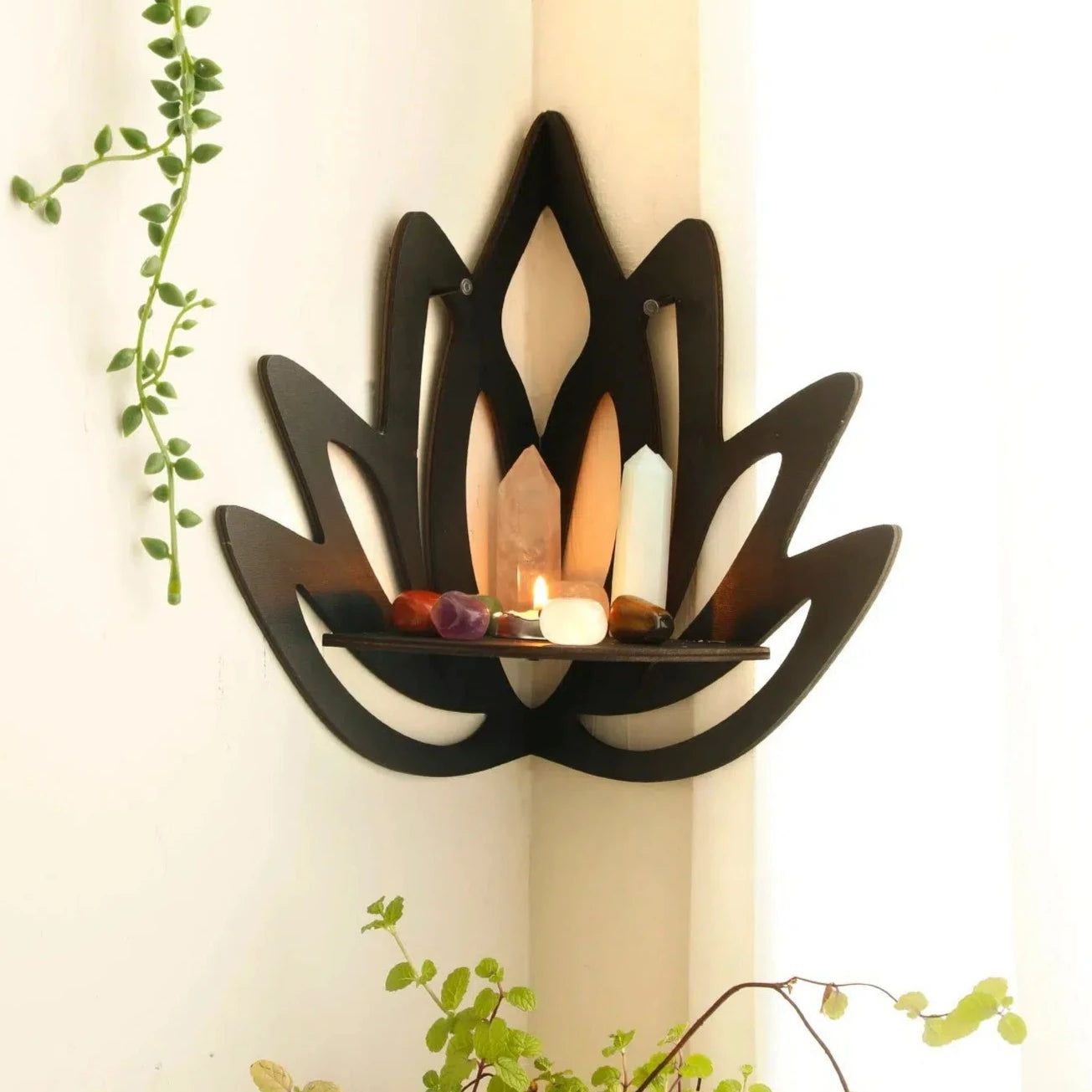 Lotus Corner Shelf Wooden Crystal Holder Shelf-MoonChildWorld