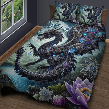 Lotus and Fantasy Dragon Quilt Bedding Set-MoonChildWorld