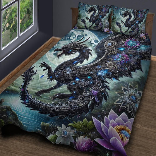 Lotus and Fantasy Dragon Quilt Bedding Set-MoonChildWorld