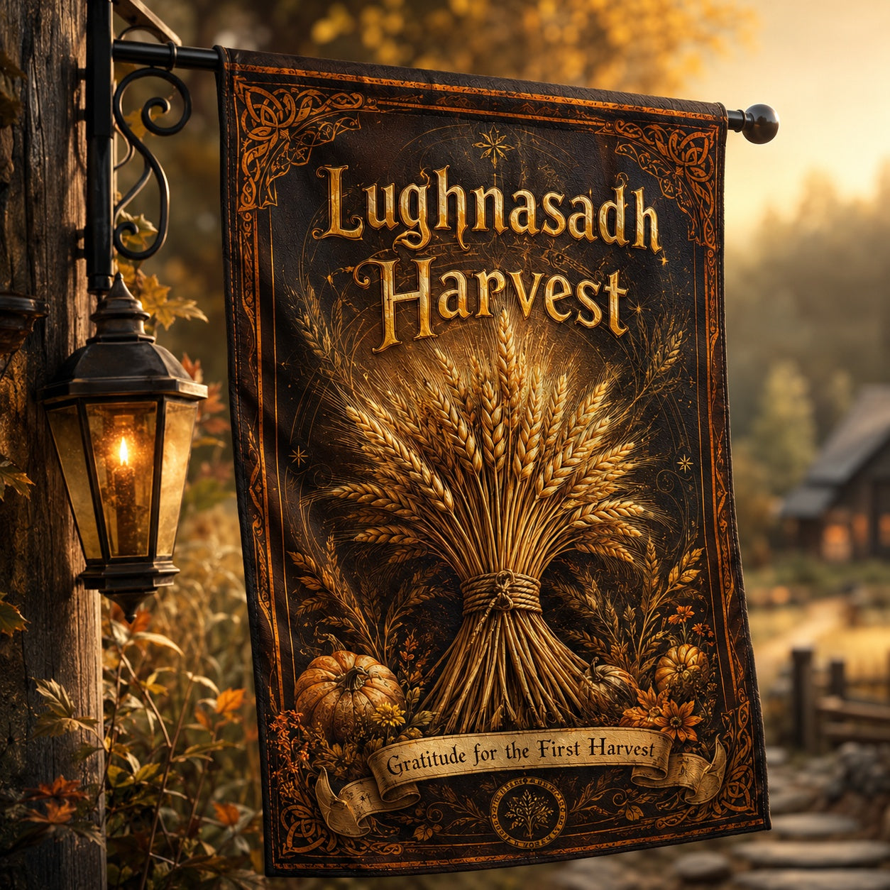 Lughnasadh Harvest house flag displayed outdoors on a garden flag stand