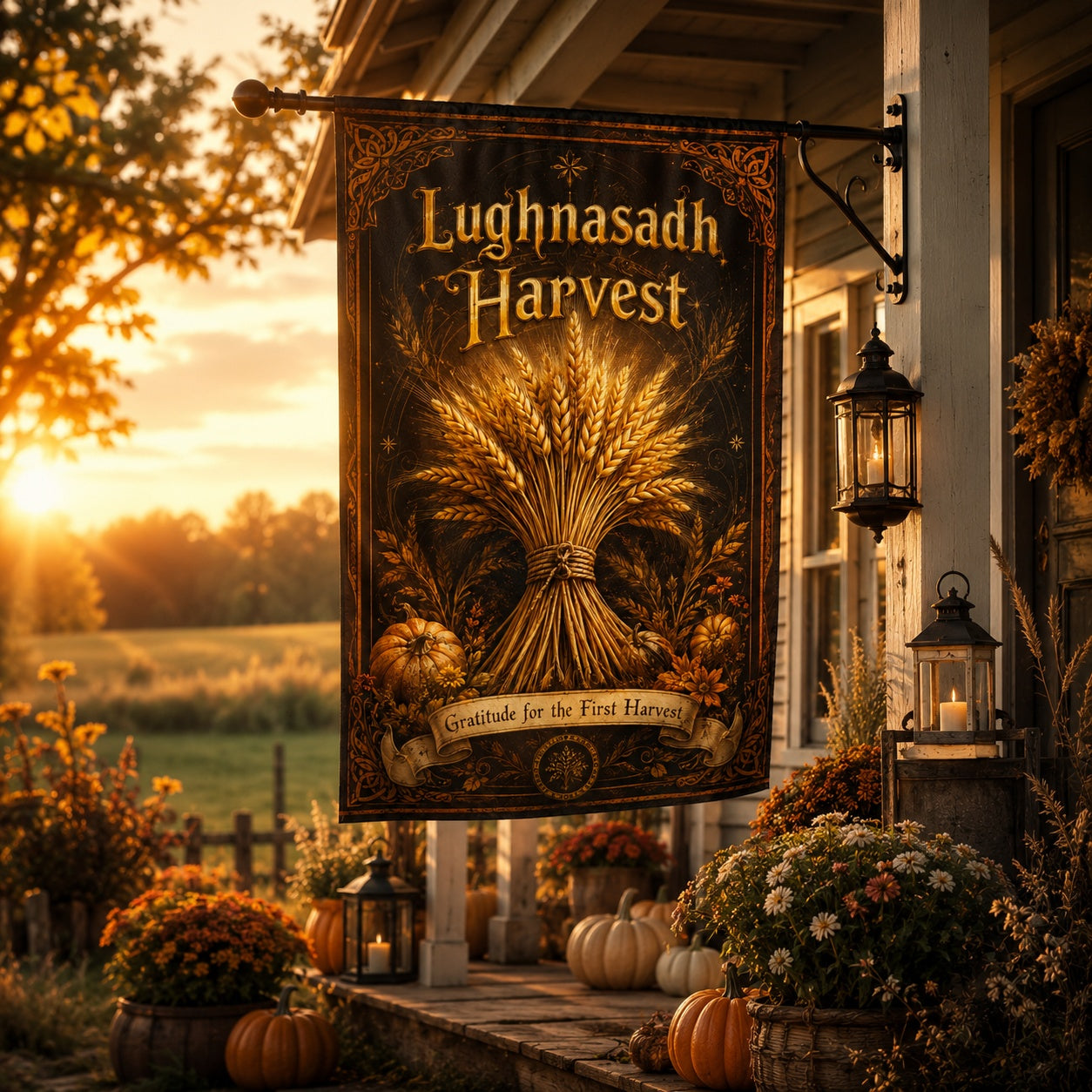 Close-up of Lughnasadh Harvest house flag showing wheat artwork
