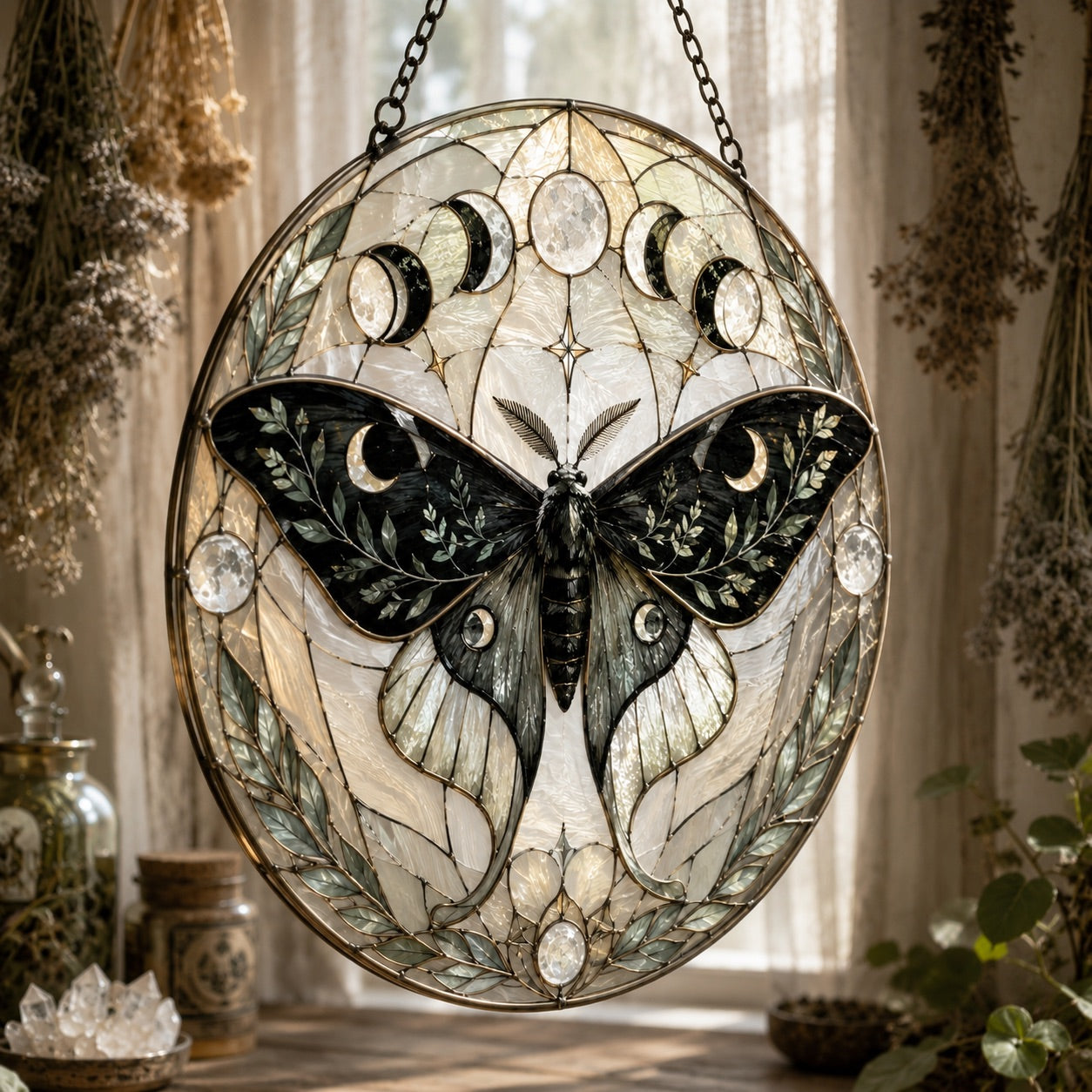 Luna Moth Botanical Glass Suncatcher - hanging view