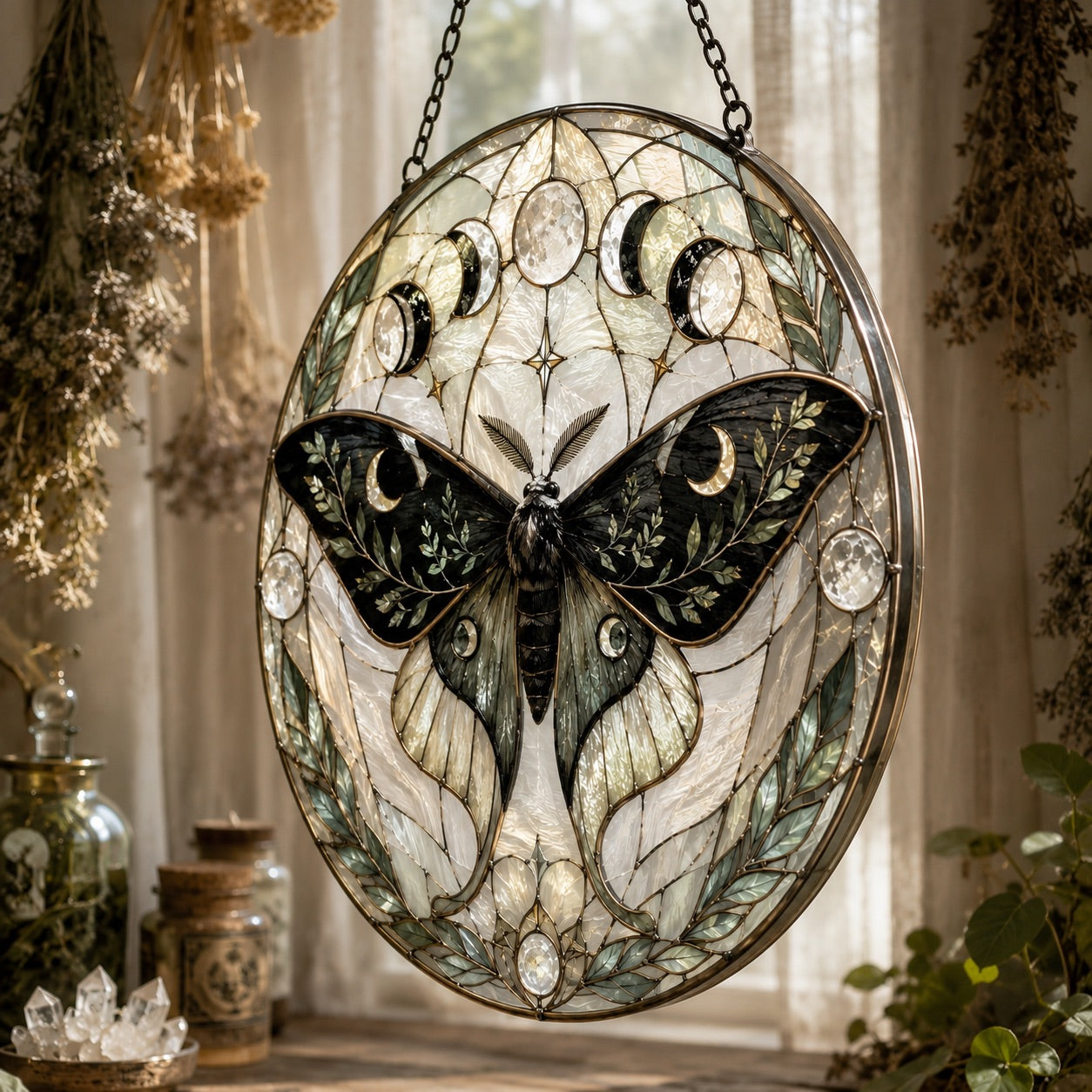 Luna Moth Botanical Glass Suncatcher - close up detail