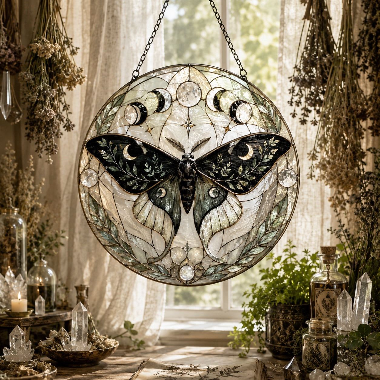 Luna Moth Botanical Glass Suncatcher - sunlight glow