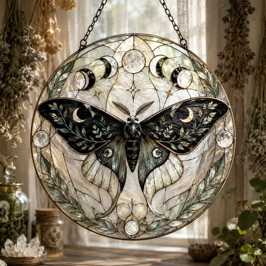 Luna Moth Botanical Glass Suncatcher - window display