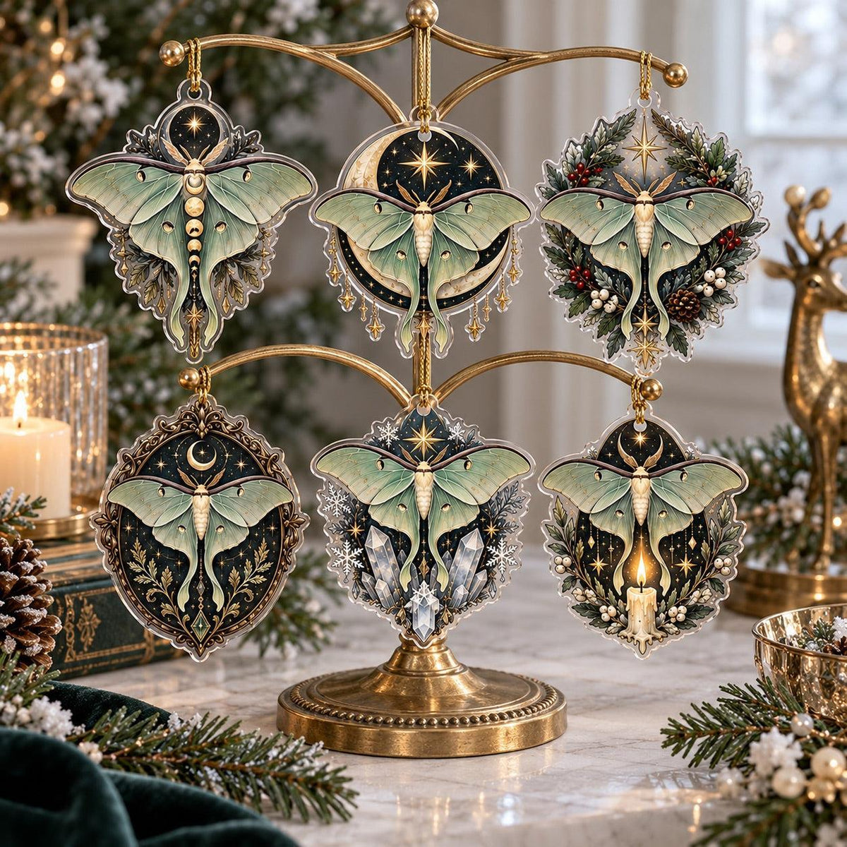 Luna Moth Celestial Acrylic Ornament Set – Witchy Yule Christmas Decor – set of 6, another view