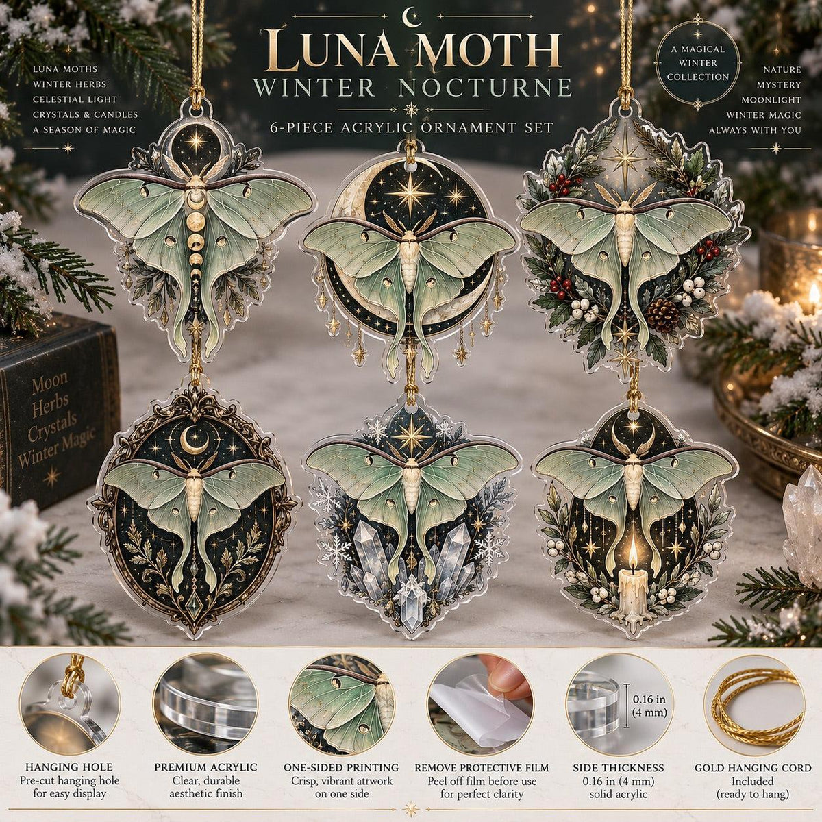 Luna Moth Celestial Acrylic Ornament Set – Witchy Yule Christmas Decor – ornament size and details
