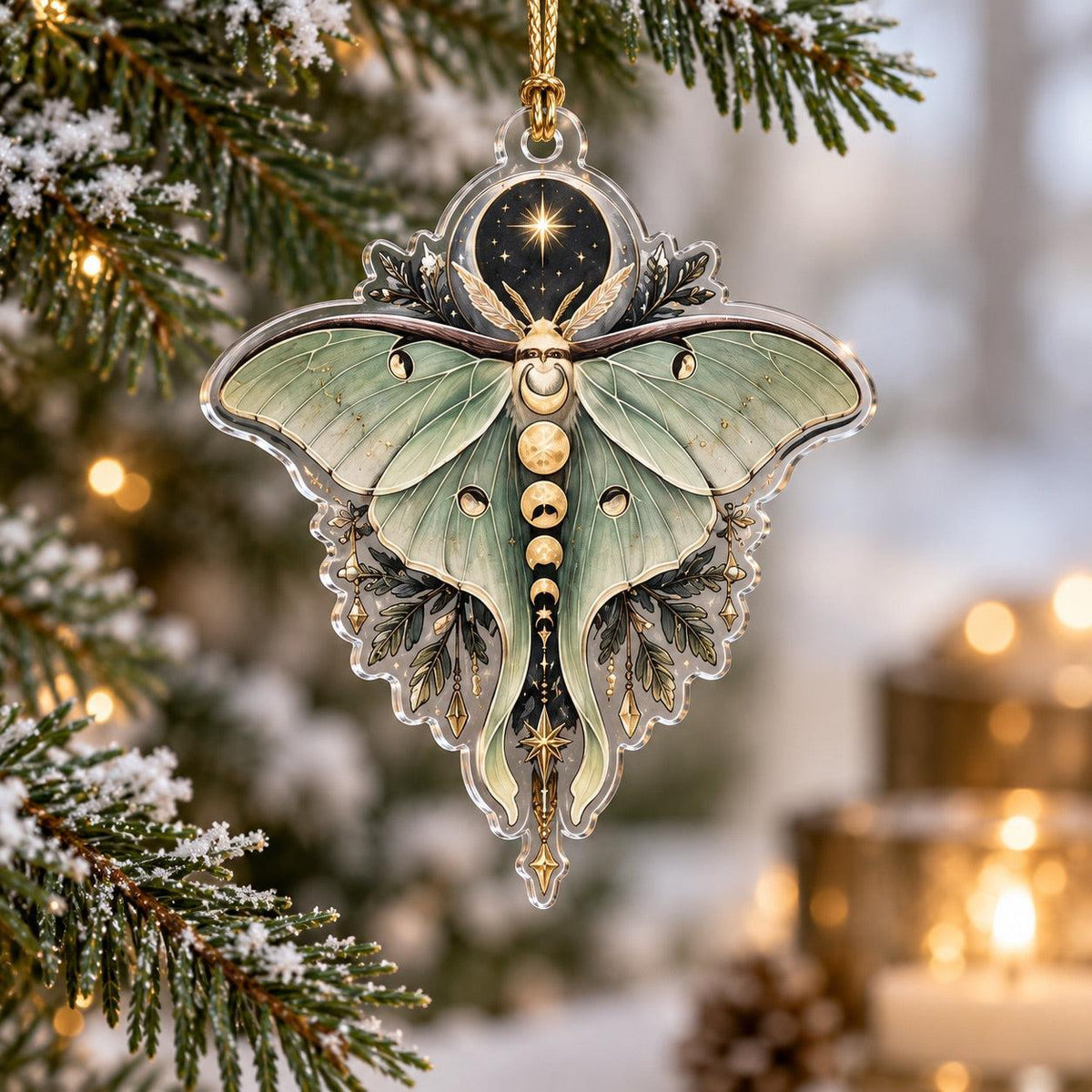 Luna Moth Celestial Acrylic Ornament Set – Witchy Yule Christmas Decor – Moon Phase Luna Moth ornament