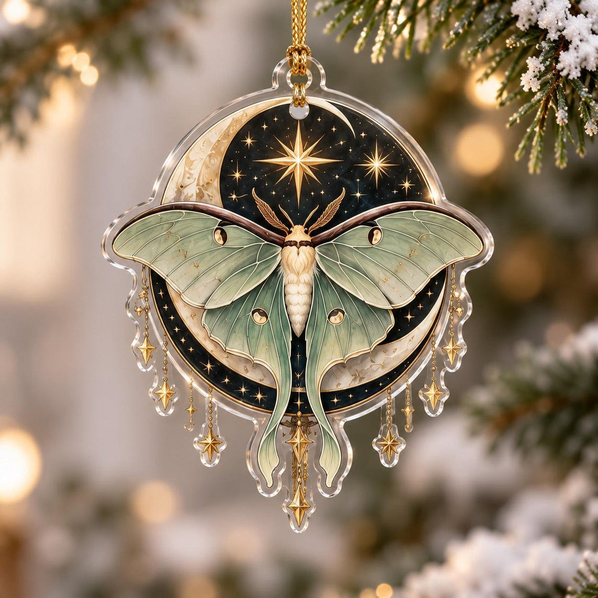 Luna Moth Celestial Acrylic Ornament Set – Witchy Yule Christmas Decor – Starlit Crescent Moth ornament