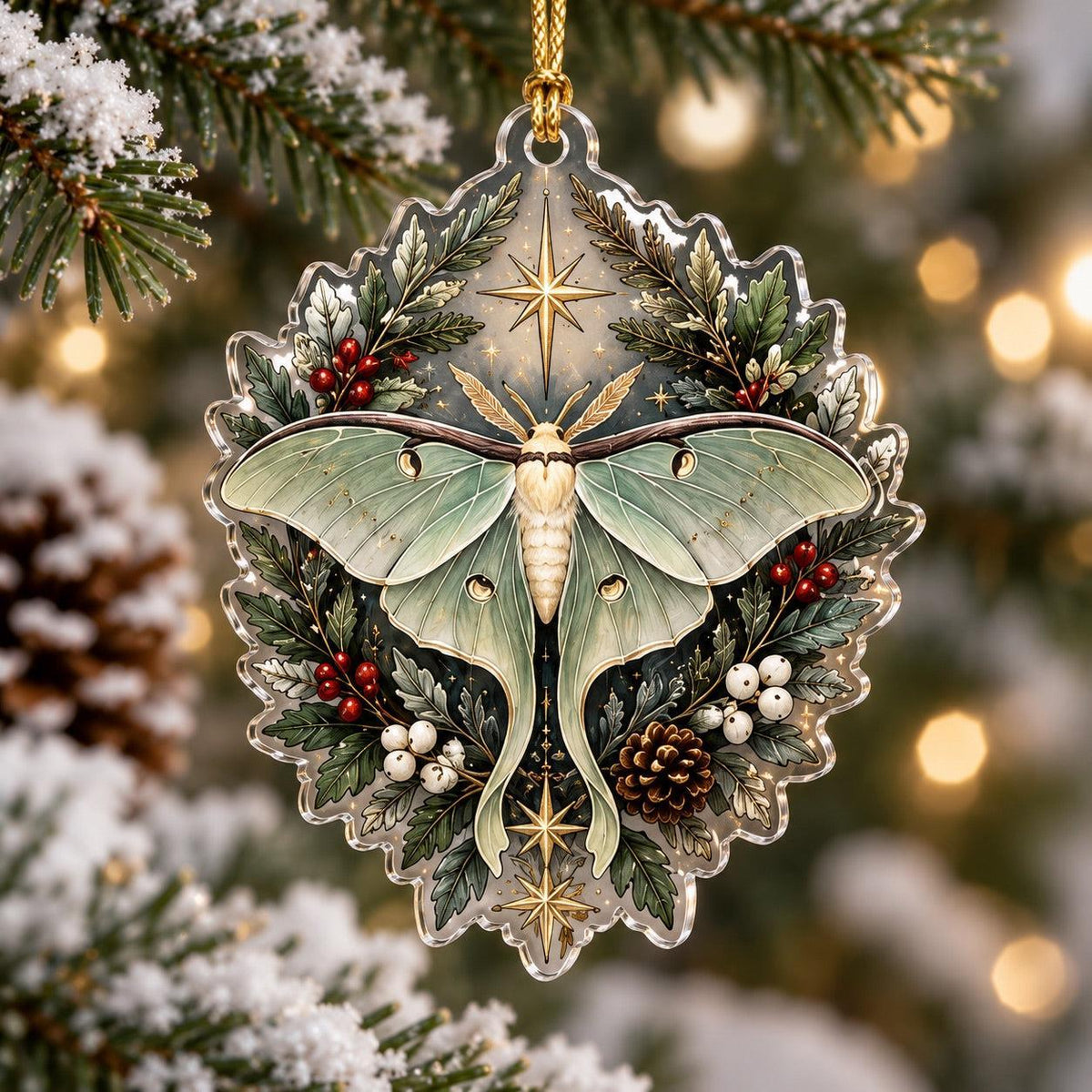 Luna Moth Celestial Acrylic Ornament Set – Witchy Yule Christmas Decor – Holly Wreath Moth ornament