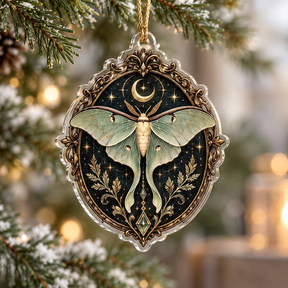 Luna Moth Celestial Acrylic Ornament Set – Witchy Yule Christmas Decor – Framed Crescent Moth ornament
