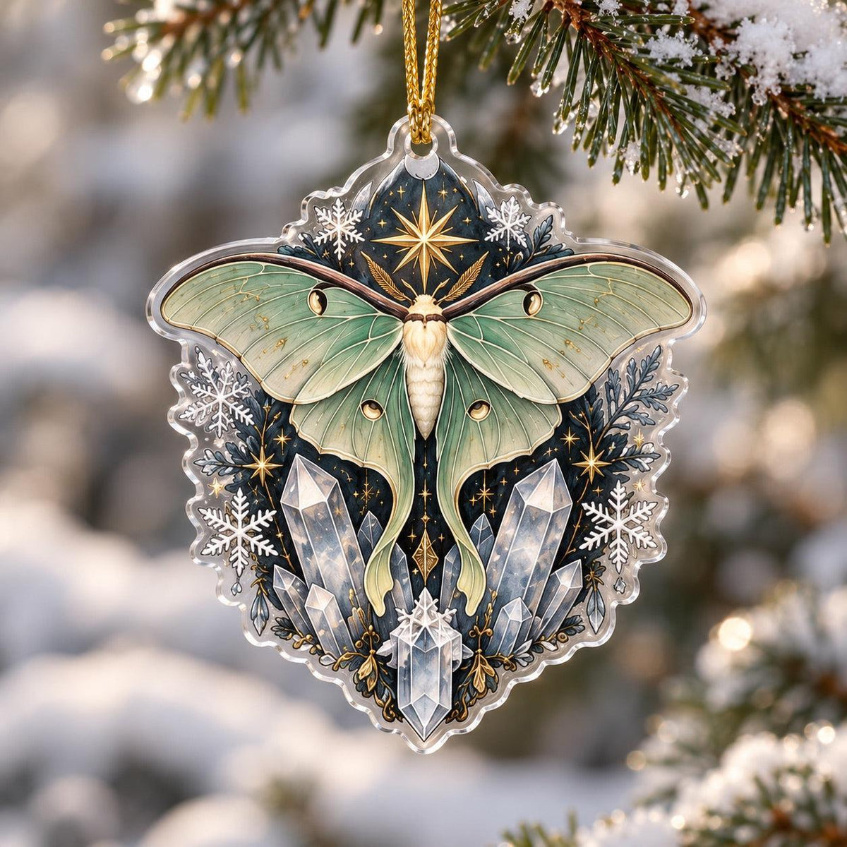 Luna Moth Celestial Acrylic Ornament Set – Witchy Yule Christmas Decor – Crystal Snow Moth ornament