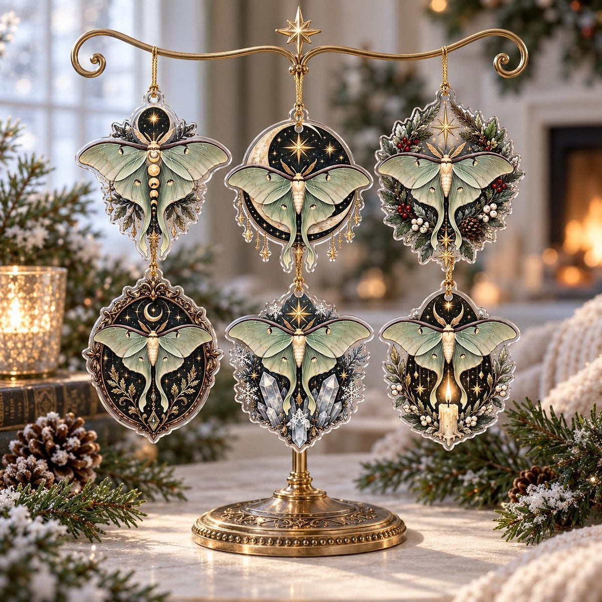 Luna Moth Celestial Acrylic Ornament Set – Witchy Yule Christmas Decor – set of 6, another view