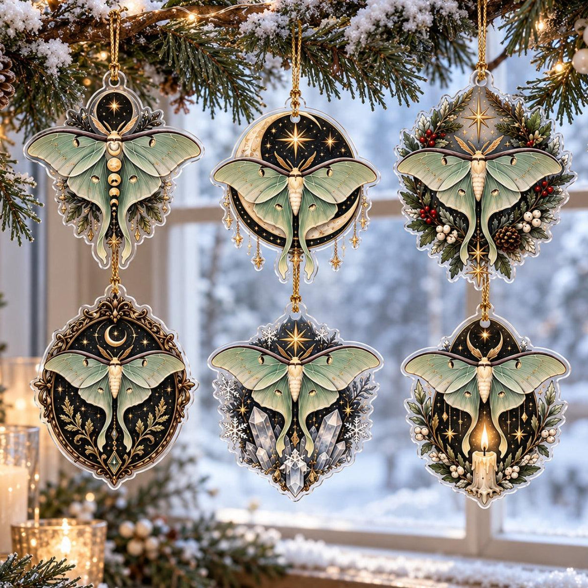 Luna Moth Celestial Acrylic Ornament Set – Witchy Yule Christmas Decor – set of 6 acrylic ornaments