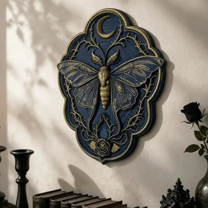 Luna moth and crescent moon wall decor with rose vine detail