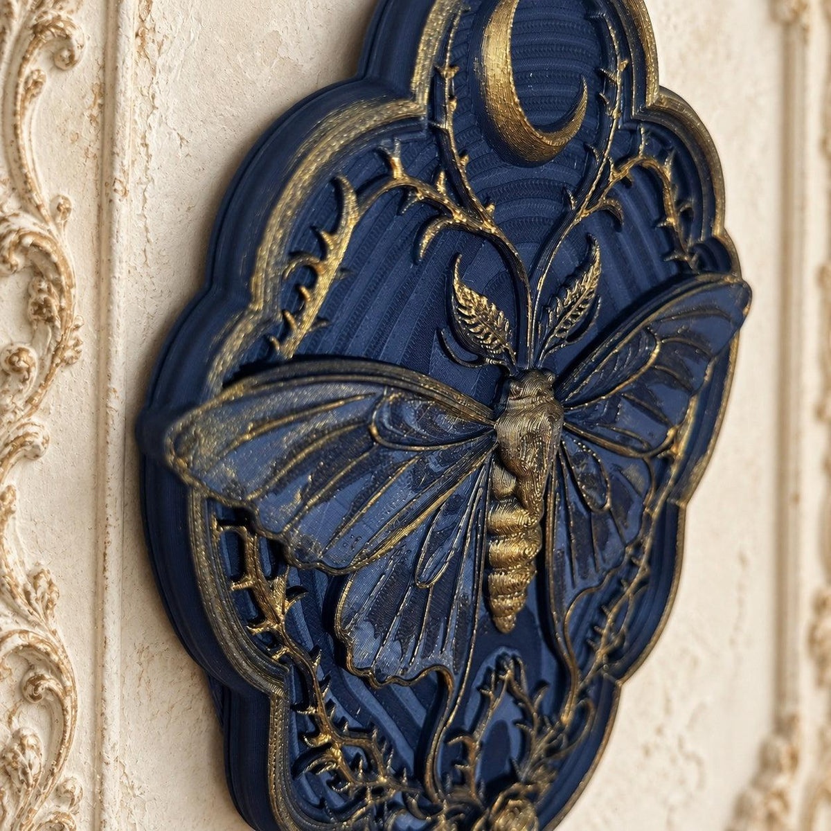 Luna Moth & Crescent Moon Wall Decor with Rose Vine Detail — original view 6 in a bright gothic vintage setting
