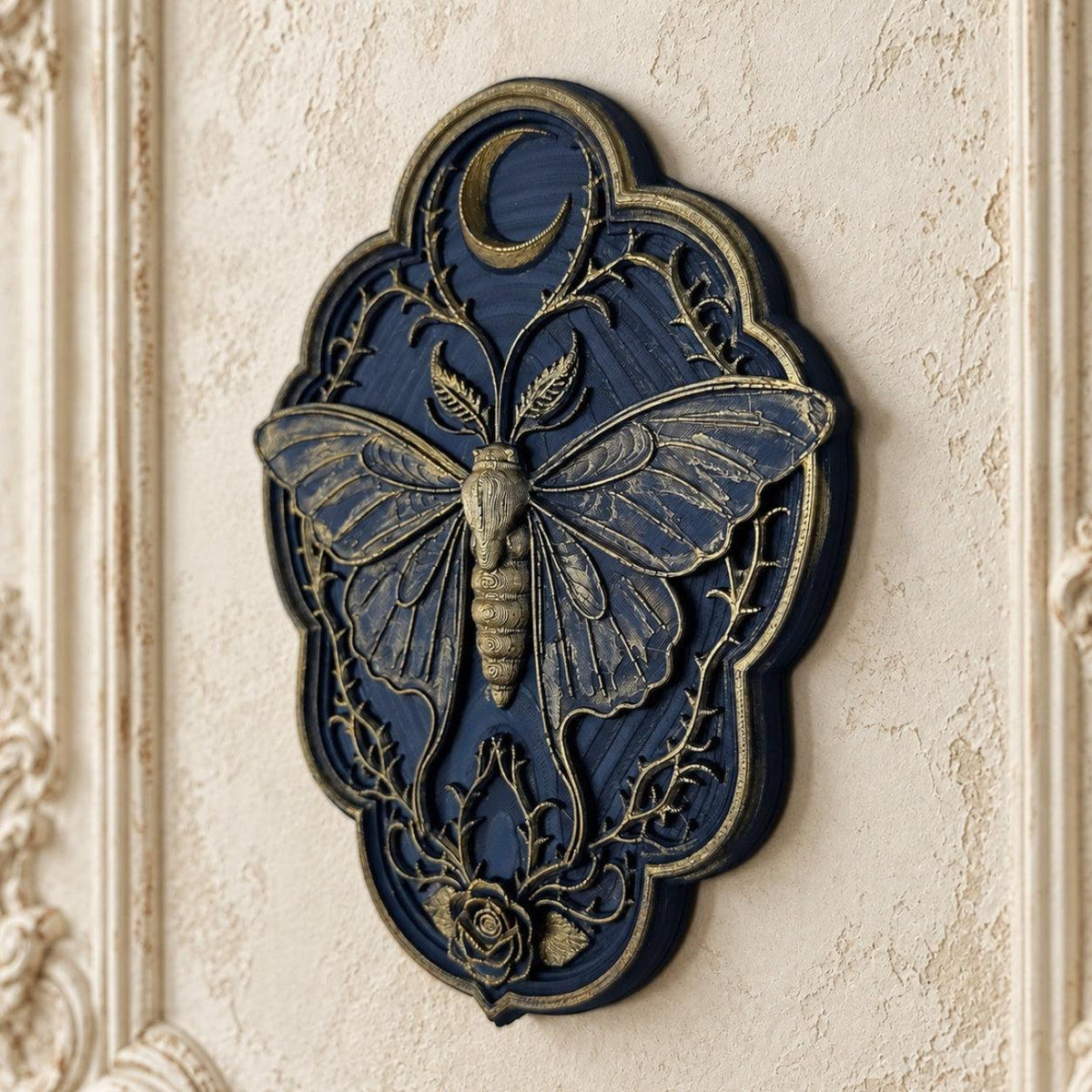 Luna Moth & Crescent Moon Wall Decor with Rose Vine Detail — original view 7 in a bright gothic vintage setting