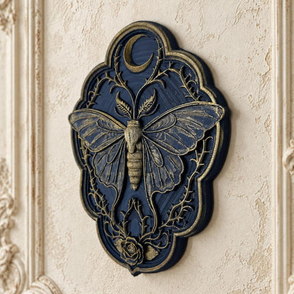 Luna Moth & Crescent Moon Wall Decor with Rose Vine Detail — original view 7 in a bright gothic vintage setting