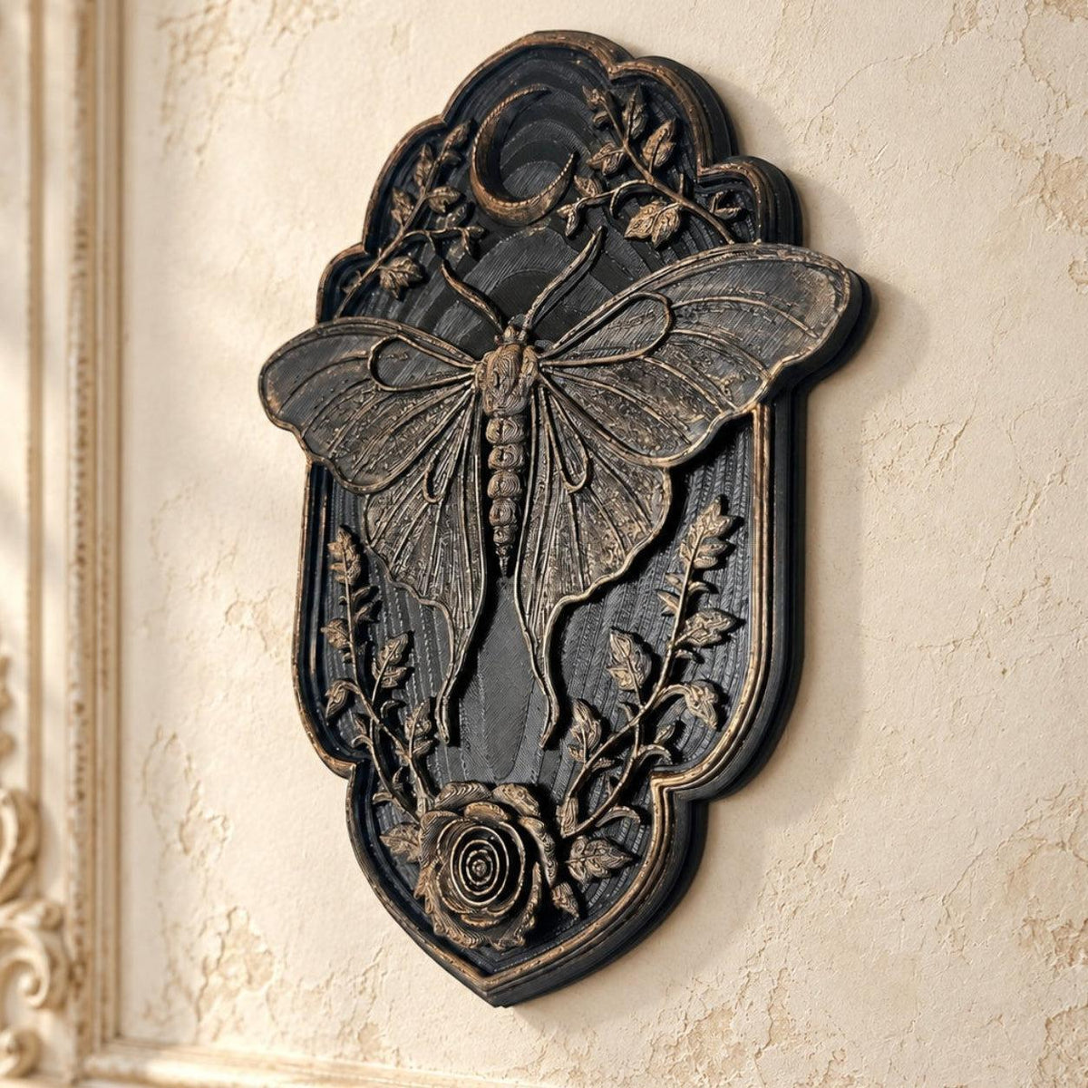Luna Moth & Crescent Moon Wall Decor with Rose Vine Detail — original view 5 in a bright gothic vintage setting