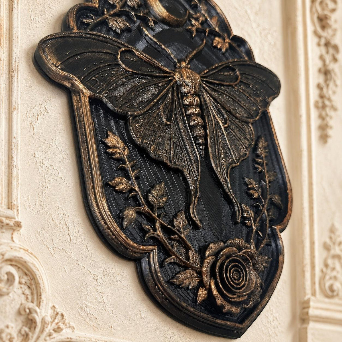 Luna Moth & Crescent Moon Wall Decor with Rose Vine Detail — original view 8 in a bright gothic vintage setting