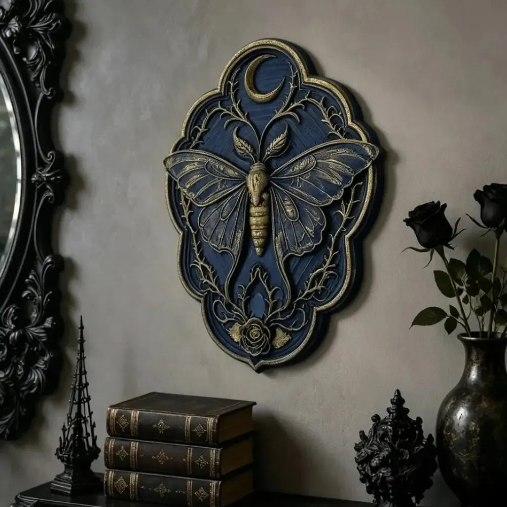 Moth wall art hanging on a dark academia bedroom wall