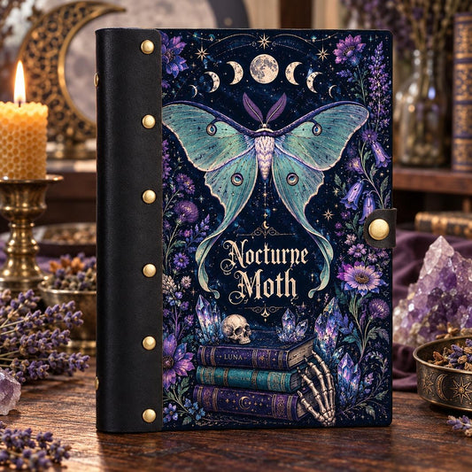 Luna Moth Crystal Moon Phase Journal - Witch Grimoire Binder on a candlelit pagan ritual altar
