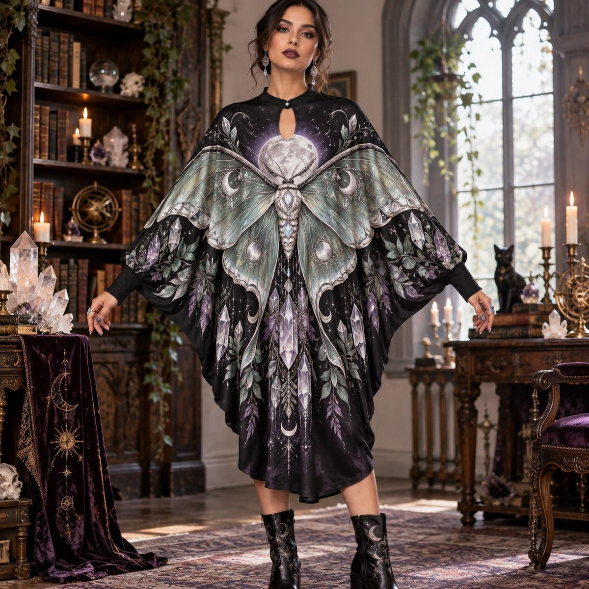 Luna Moth Crystal Moon Witchy Batwing Dress – Celestial Gothic Midi – worn, front view