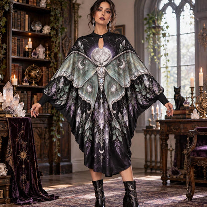 Luna Moth Crystal Moon Witchy Batwing Dress – Celestial Gothic Midi – worn, front view