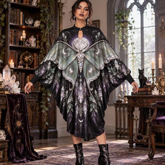 Luna Moth Crystal Moon Witchy Batwing Dress – Celestial Gothic Midi – worn, front view