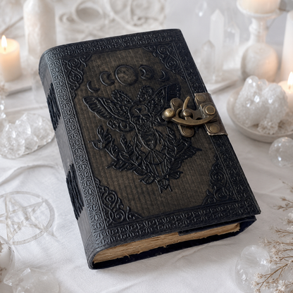 Luna Moth Leather Journal – Antique Witch Grimoire Book of Shadows with Lock – leather journal, back cover view