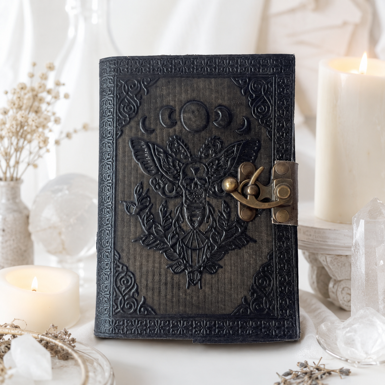 Luna Moth Leather Journal – Antique Witch Grimoire Book of Shadows with Lock – leather journal, open blank pages view