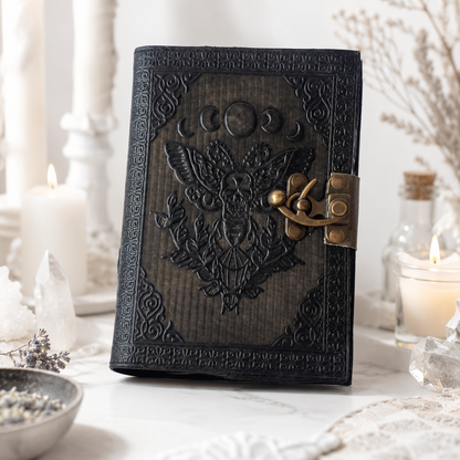 Luna Moth Leather Journal – Antique Witch Grimoire Book of Shadows with Lock – leather journal, close-up cover detail